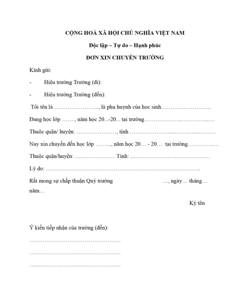 Đơn xin chuyển trường, phụ huynh có thể tham khảo